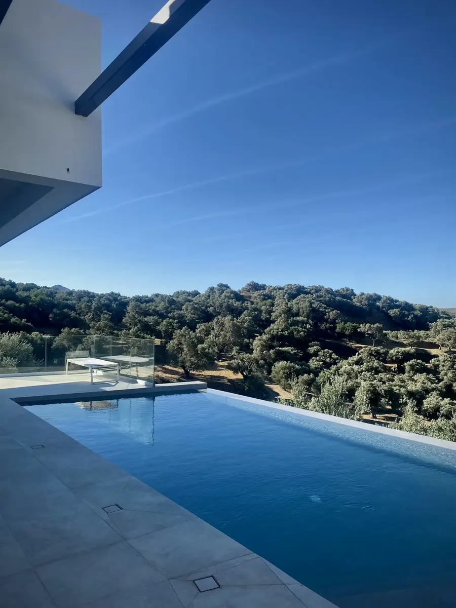 Piscina de líneas modernas con vistas a un olivar